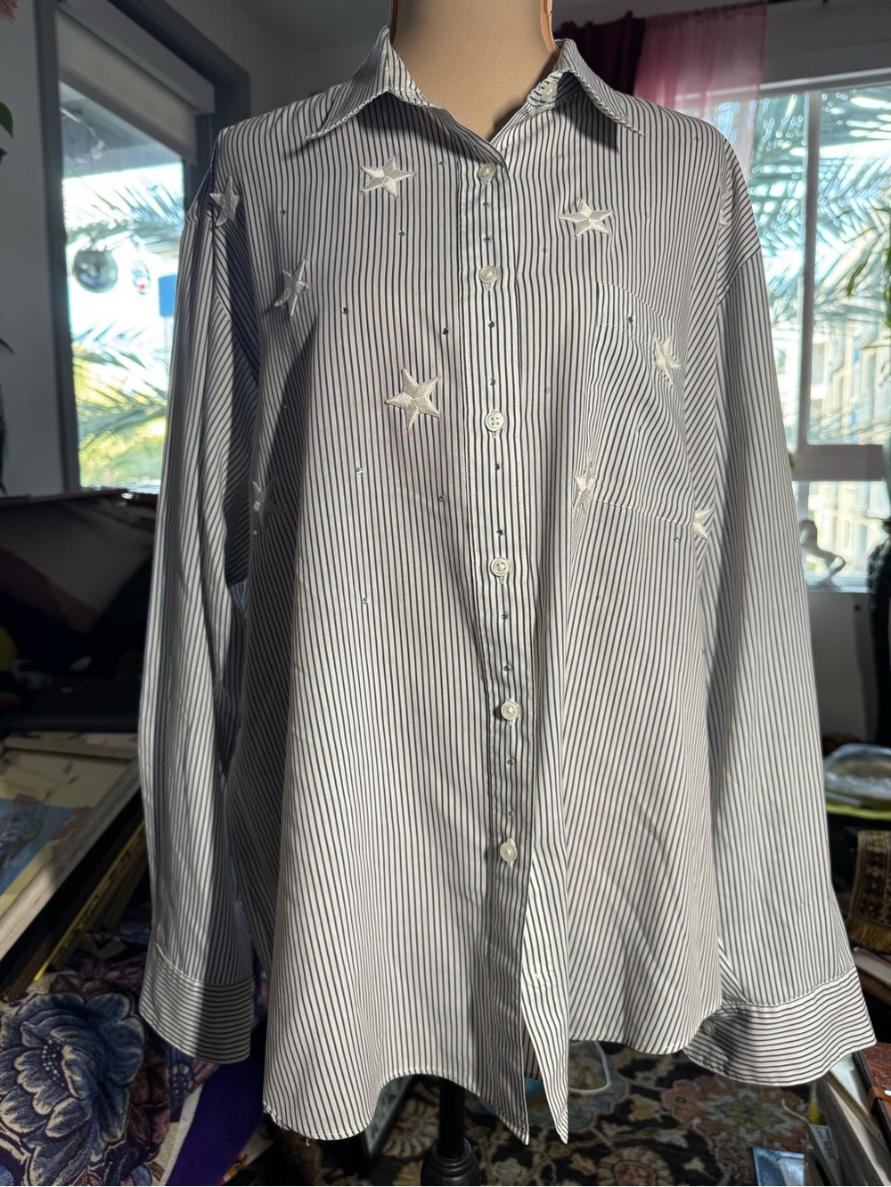 Las Olas XL Striped Star Embroidered Rhinestone Button Down Shirt